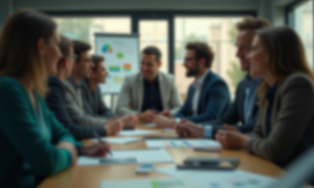 A diverse team of professionals in a strategic planning session, focused and collaborating.